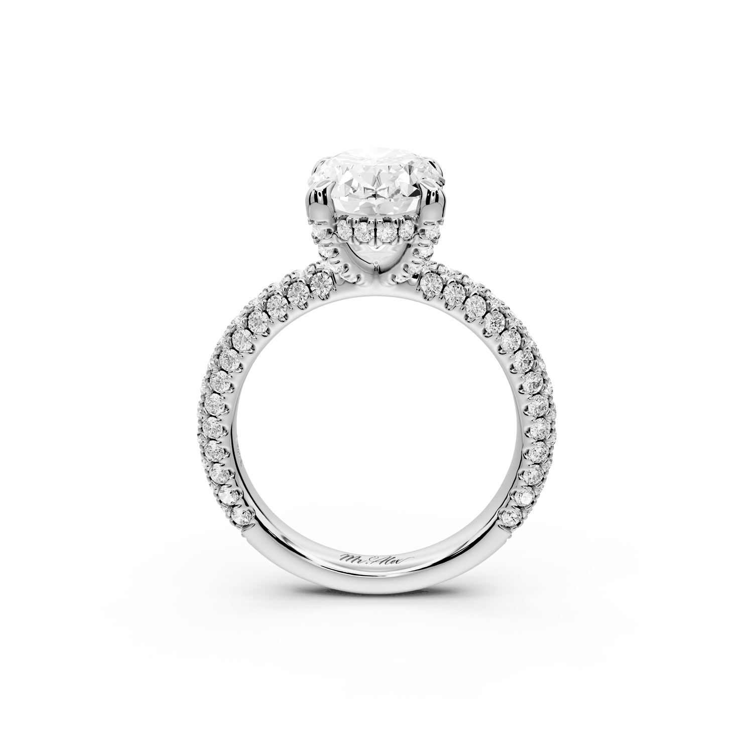 Emilia - 3ct platinum oval Hidden Halo Diamond Crown Rollover Pavé Engagement Ring - Mr. Alex Jewelry