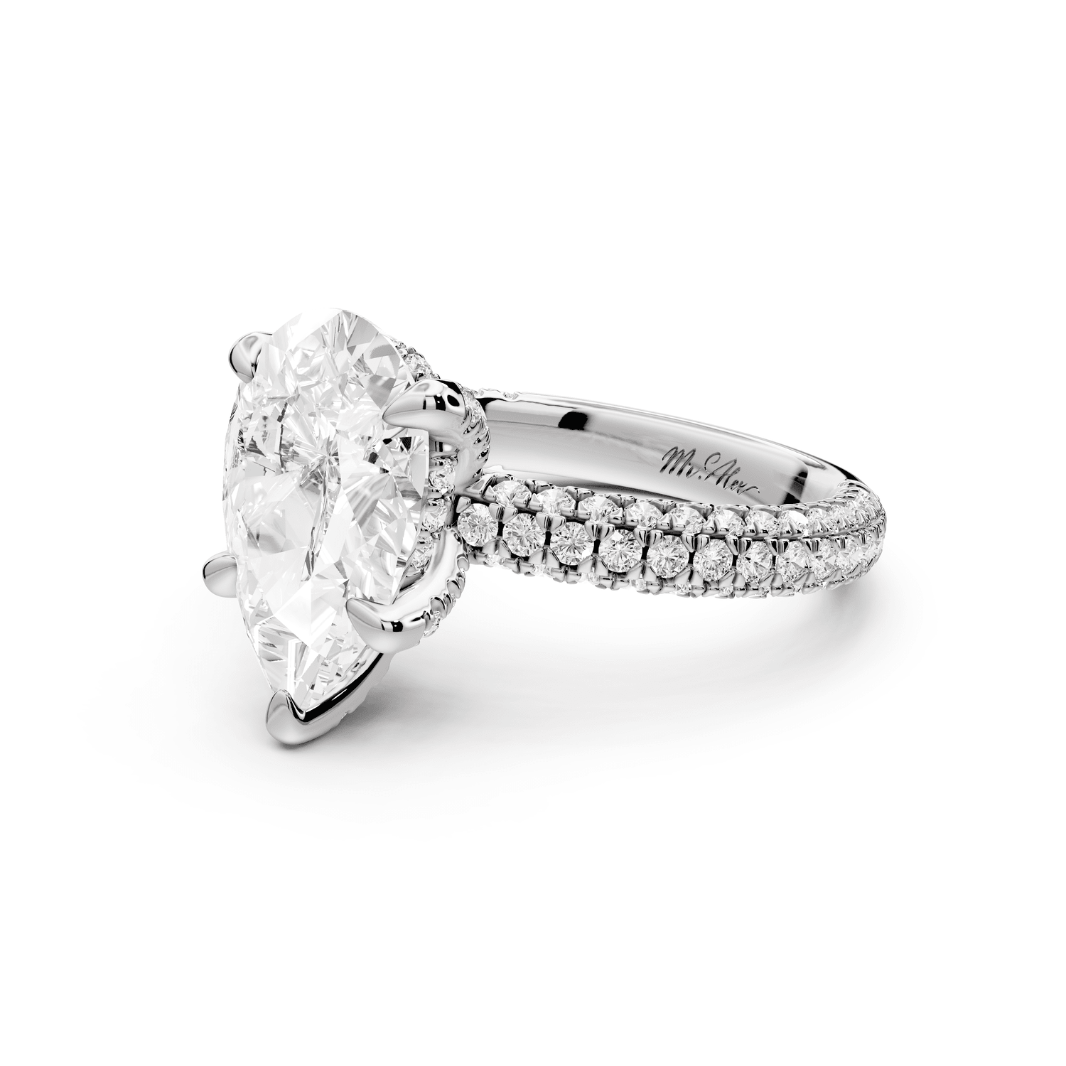 Emilia - 3ct platinum pear Hidden Halo Diamond Crown Rollover Pavé Engagement Ring - Mr. Alex Jewelry