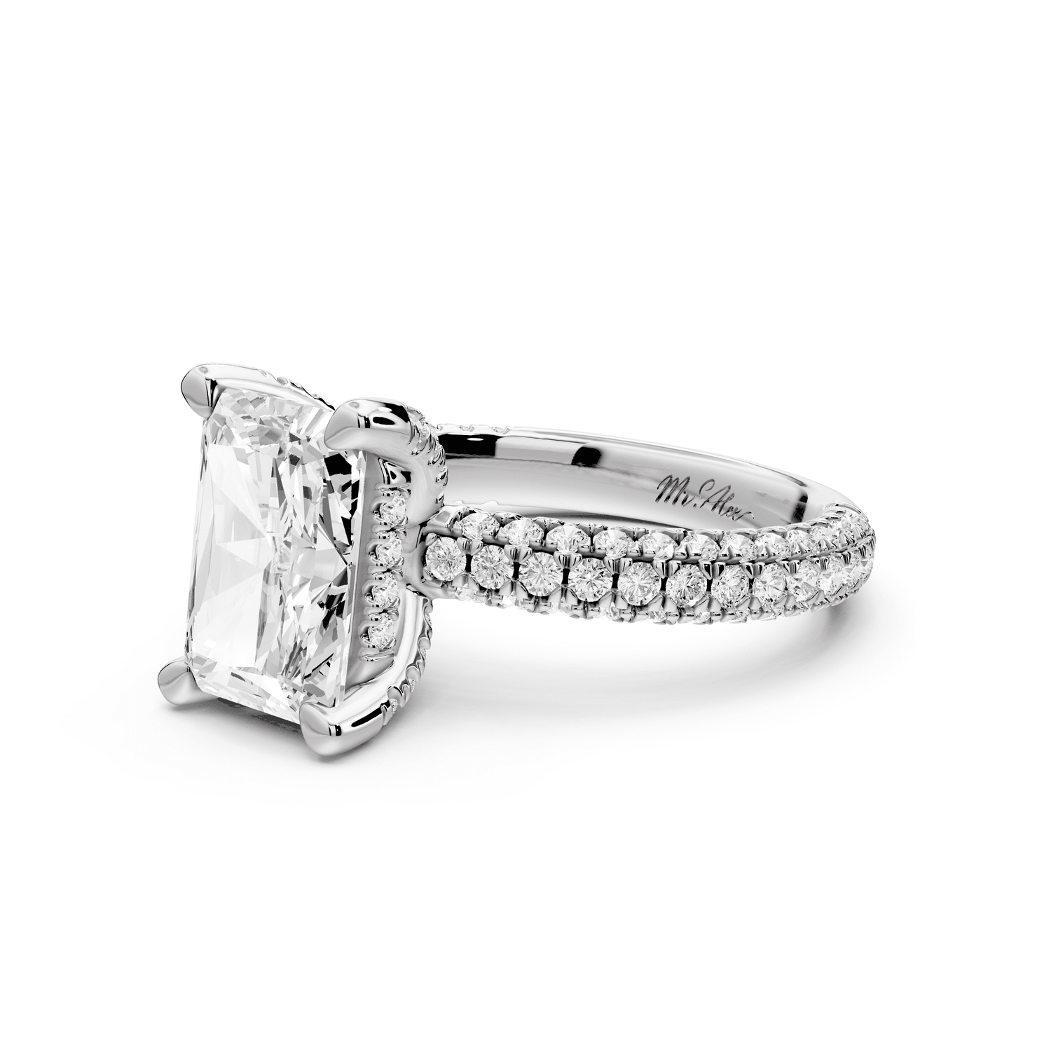 Emilia - 3ct platinum radiant Hidden Halo Diamond Crown Rollover Pavé Engagement Ring - Mr. Alex Jewelry