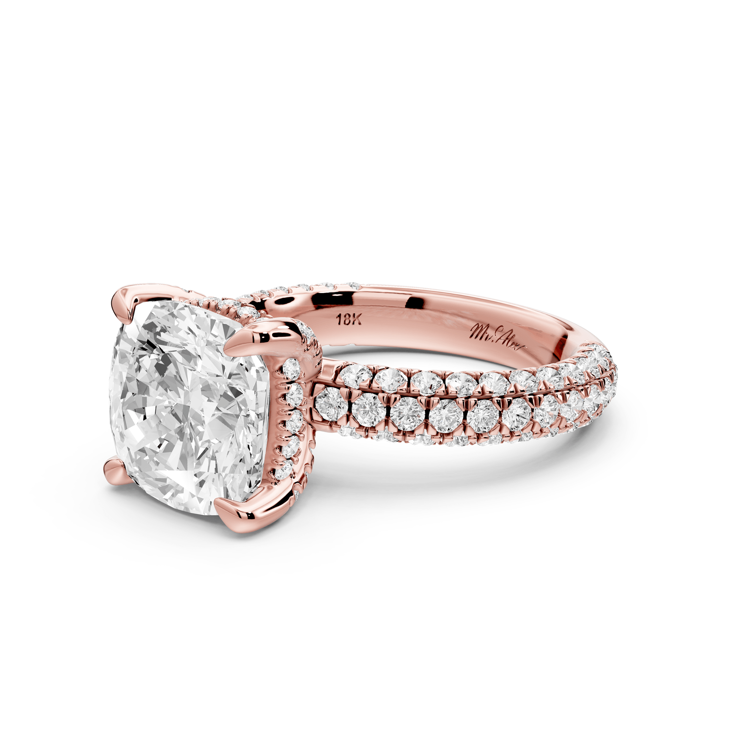 Emilia - 4ct 14k rose gold cushion Hidden Halo Diamond Crown Rollover Pavé Engagement Ring - Mr. Alex Jewelry