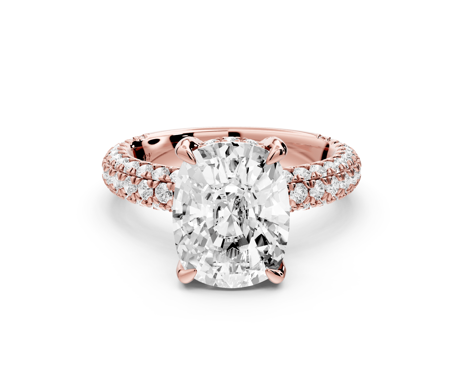 Emilia - 4ct 14k rose gold ecushion Hidden Halo Diamond Crown Rollover Pavé Engagement Ring - Mr. Alex Jewelry