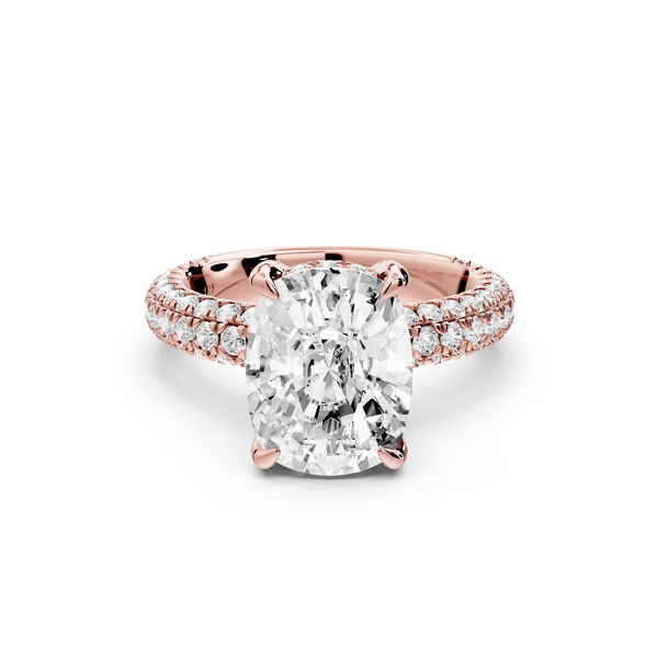Emilia - 4ct 14k rose gold ecushion Hidden Halo Diamond Crown Rollover Pavé Engagement Ring - Mr. Alex Jewelry