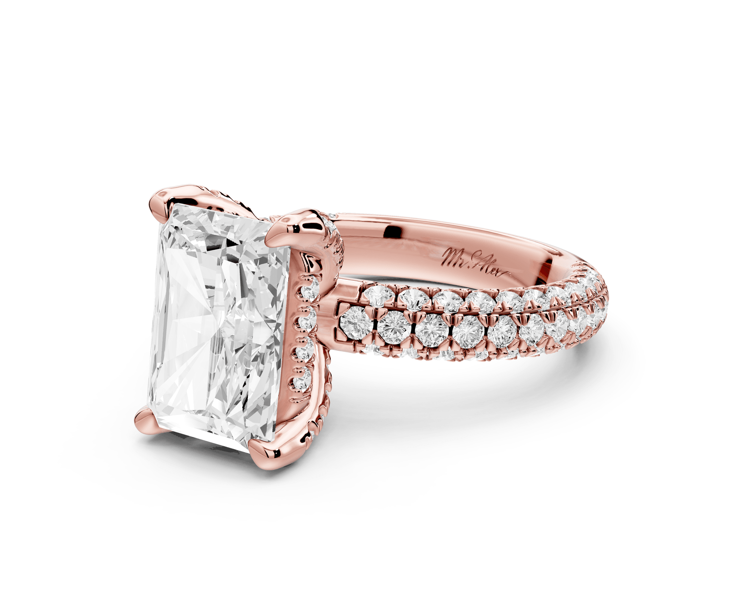 Emilia - 4ct 14k rose gold radiant Hidden Halo Diamond Crown Rollover Pavé Engagement Ring - Mr. Alex Jewelry