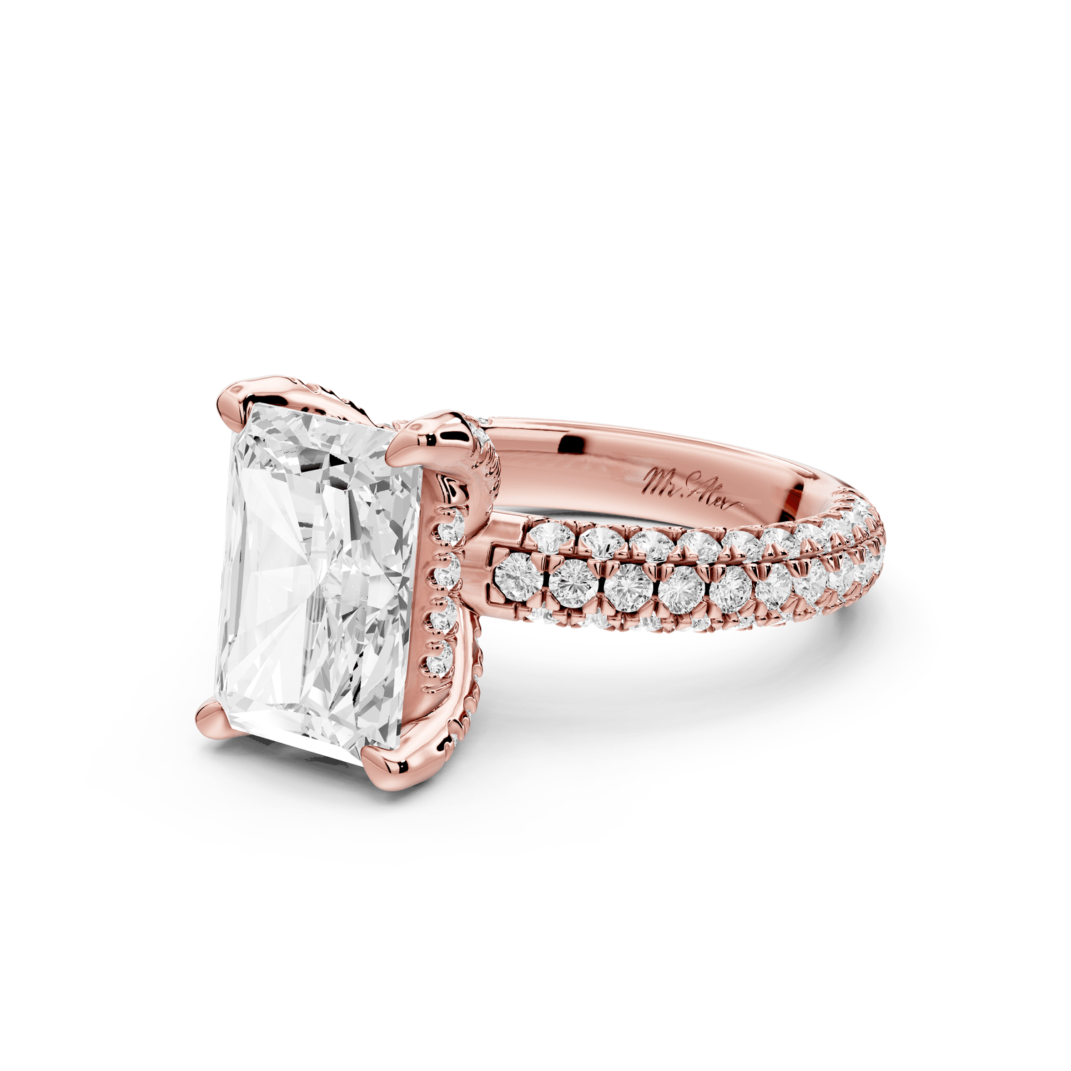 Emilia - 4ct 14k rose gold radiant Hidden Halo Diamond Crown Rollover Pavé Engagement Ring - Mr. Alex Jewelry