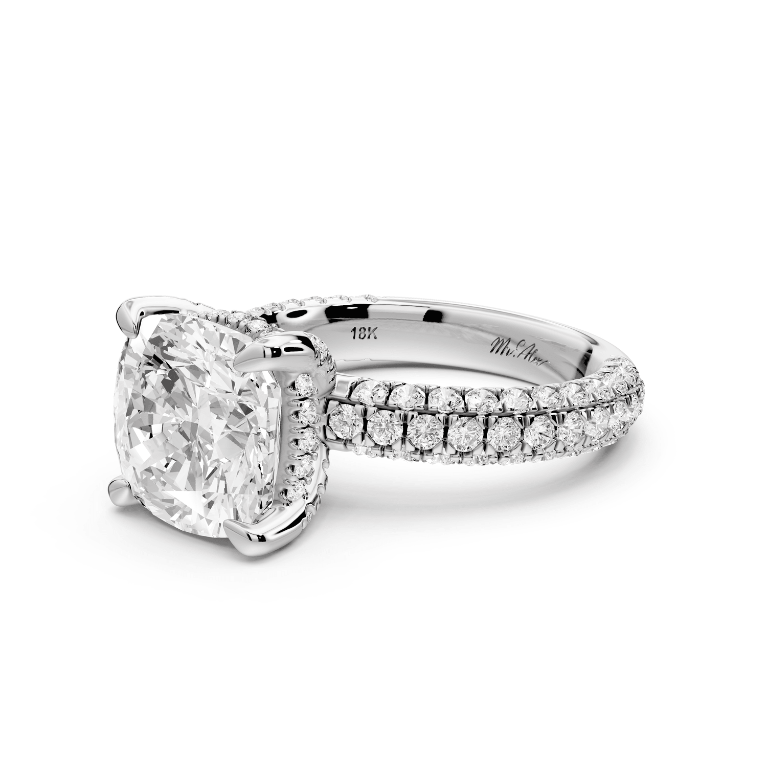 Emilia - 4ct 14k white gold cushion Hidden Halo Diamond Crown Rollover Pavé Engagement Ring - Mr. Alex Jewelry