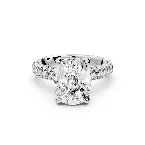 Emilia - 4ct 14k white gold ecushion Hidden Halo Diamond Crown Rollover Pavé Engagement Ring - Mr. Alex Jewelry