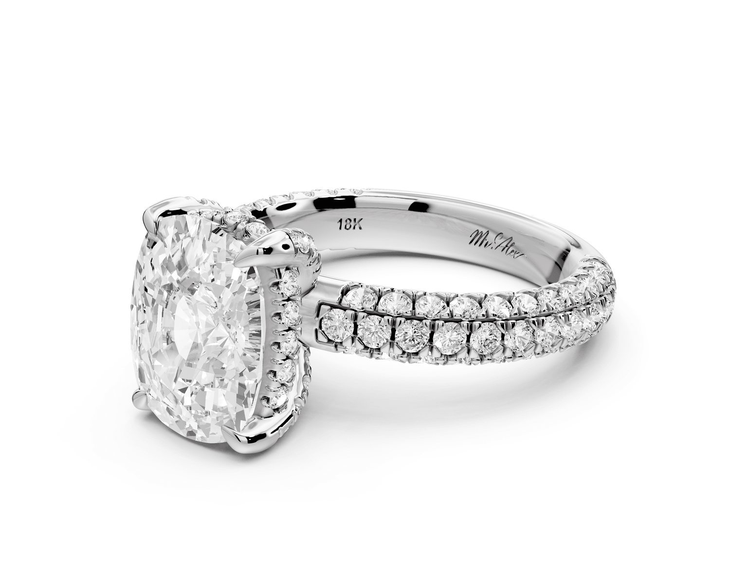 Emilia - 4ct 14k white gold ecushion Hidden Halo Diamond Crown Rollover Pavé Engagement Ring - Mr. Alex Jewelry