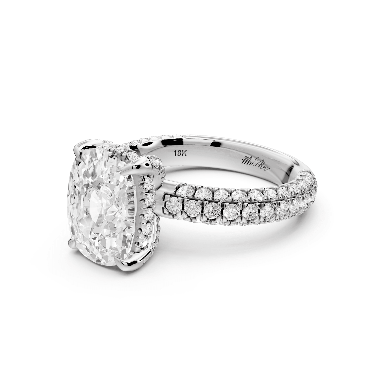 Emilia - 4ct 14k white gold ecushion Hidden Halo Diamond Crown Rollover Pavé Engagement Ring - Mr. Alex Jewelry