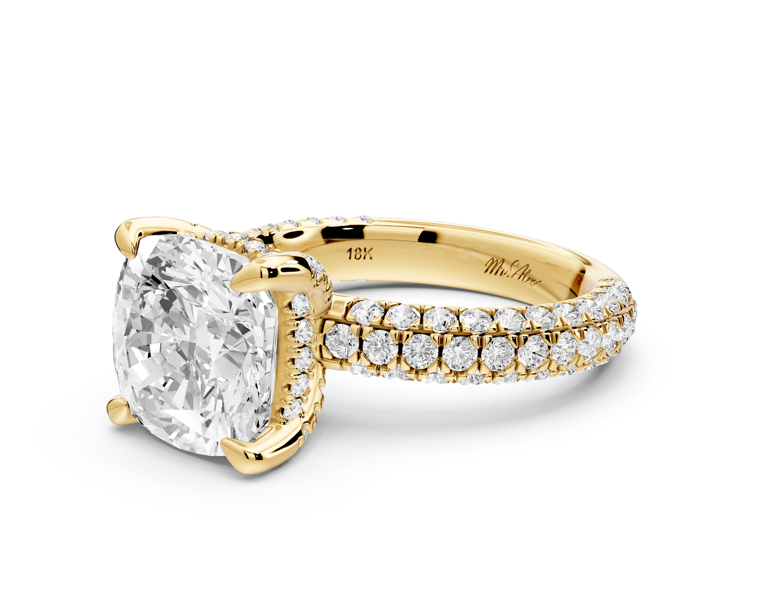 Emilia - 4ct 14k yellow gold cushion Hidden Halo Diamond Crown Rollover Pavé Engagement Ring - Mr. Alex Jewelry