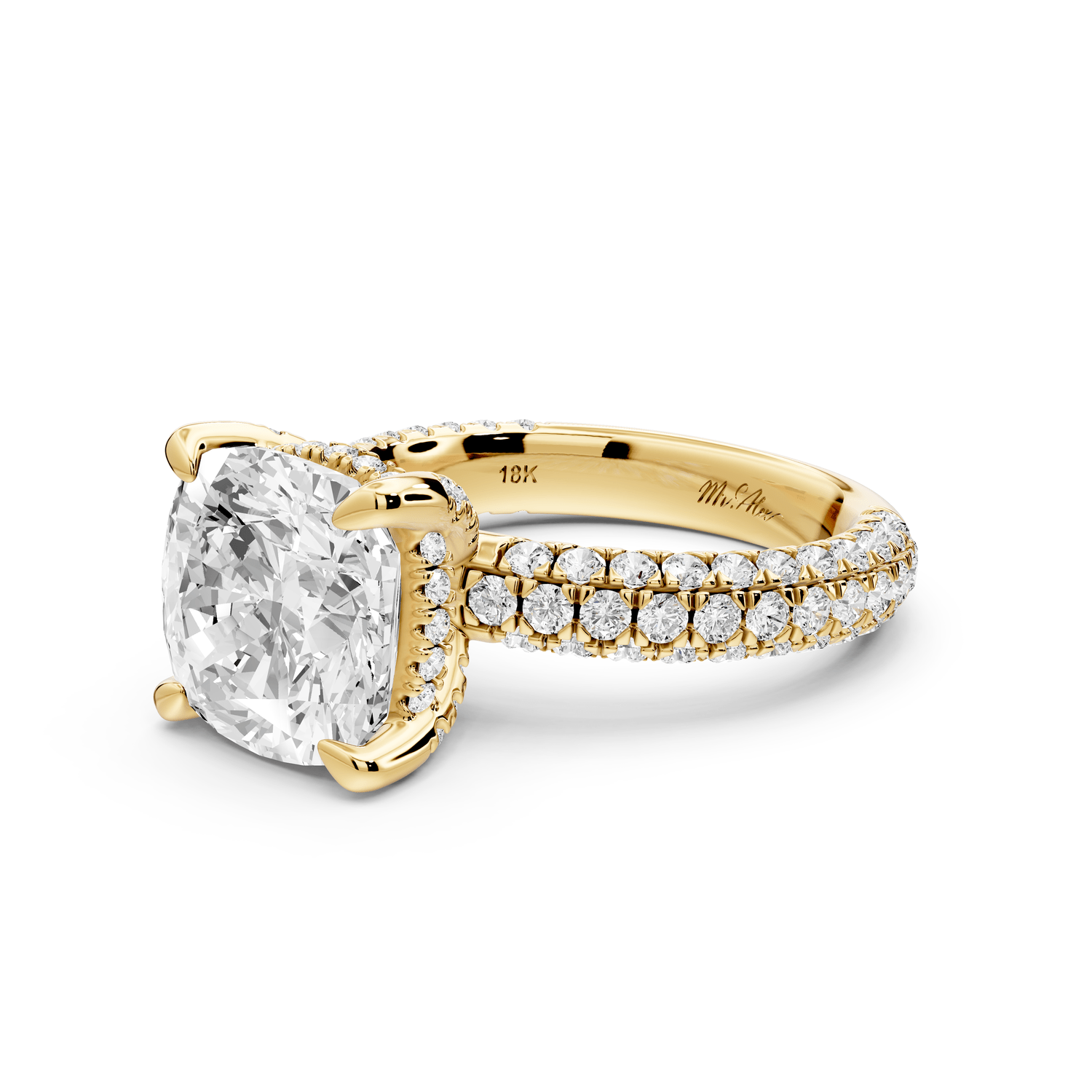 Emilia - 4ct 14k yellow gold cushion Hidden Halo Diamond Crown Rollover Pavé Engagement Ring - Mr. Alex Jewelry