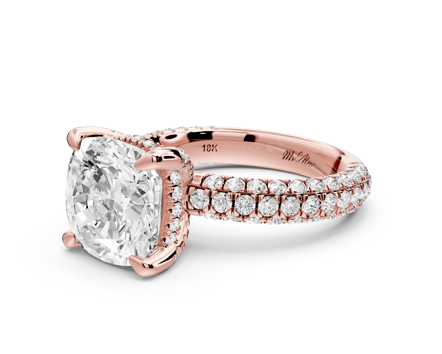 Emilia - 4ct 18k rose gold cushion Hidden Halo Diamond Crown Rollover Pavé Engagement Ring - Mr. Alex Jewelry