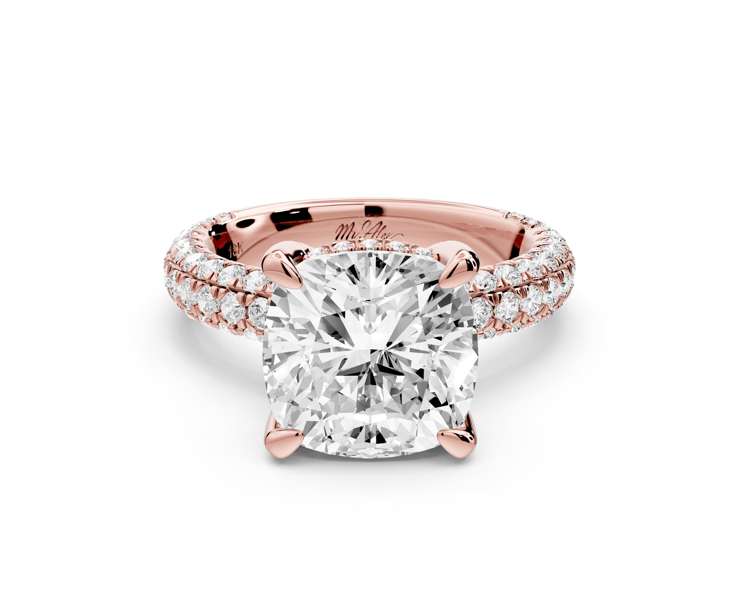 Emilia - 4ct 18k rose gold cushion Hidden Halo Diamond Crown Rollover Pavé Engagement Ring - Mr. Alex Jewelry