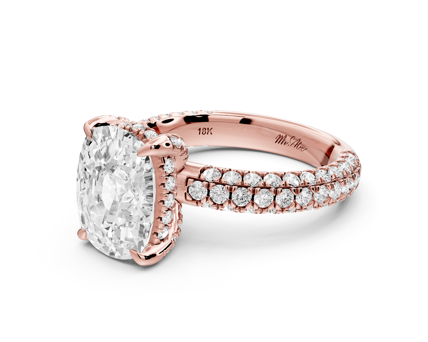 Emilia - 4ct 18k rose gold ecushion Hidden Halo Diamond Crown Rollover Pavé Engagement Ring - Mr. Alex Jewelry
