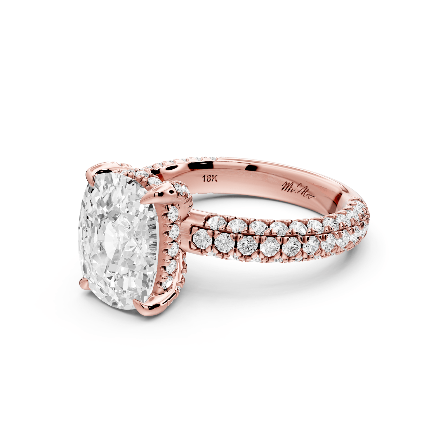 Emilia - 4ct 18k rose gold ecushion Hidden Halo Diamond Crown Rollover Pavé Engagement Ring - Mr. Alex Jewelry