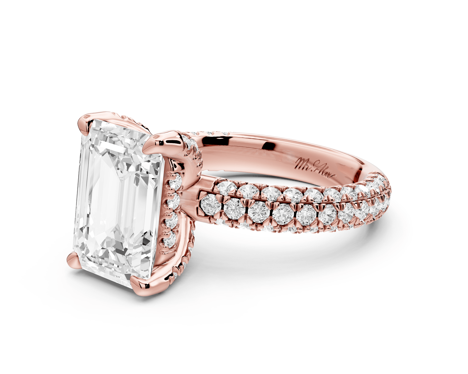 Emilia - 4ct 18k rose gold emerald Hidden Halo Diamond Crown Rollover Pavé Engagement Ring - Mr. Alex Jewelry