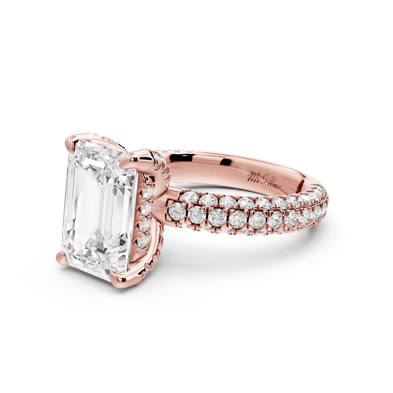 Emilia - 4ct 18k rose gold emerald Hidden Halo Diamond Crown Rollover Pavé Engagement Ring - Mr. Alex Jewelry