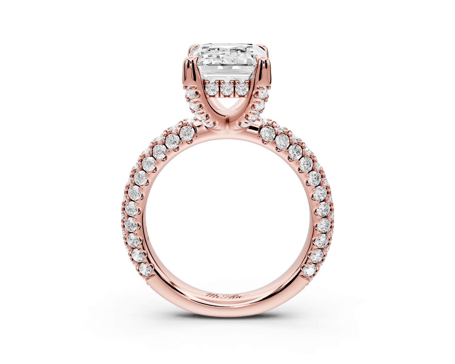 Emilia - 4ct 18k rose gold emerald Hidden Halo Diamond Crown Rollover Pavé Engagement Ring - Mr. Alex Jewelry