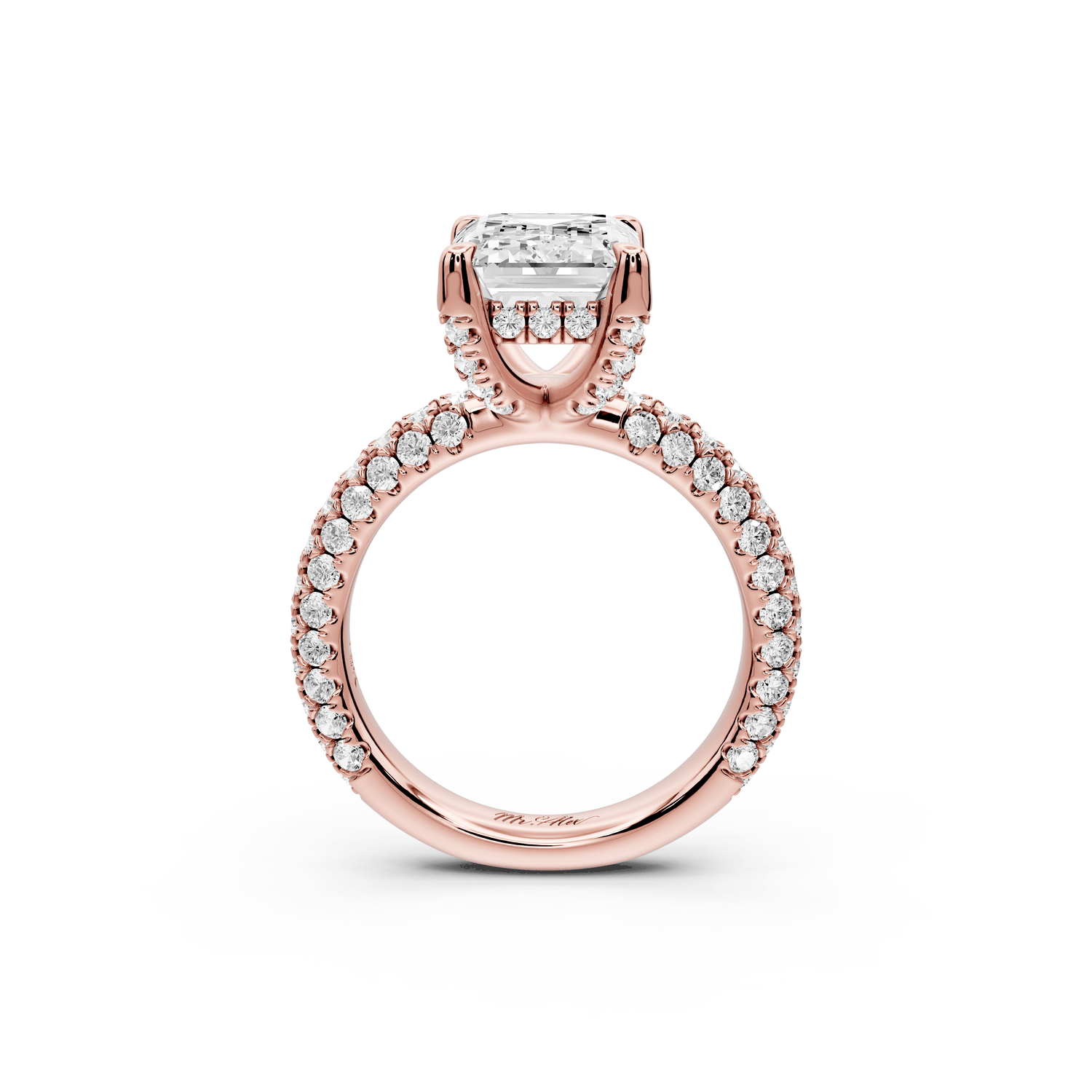 Emilia - 4ct 18k rose gold emerald Hidden Halo Diamond Crown Rollover Pavé Engagement Ring - Mr. Alex Jewelry