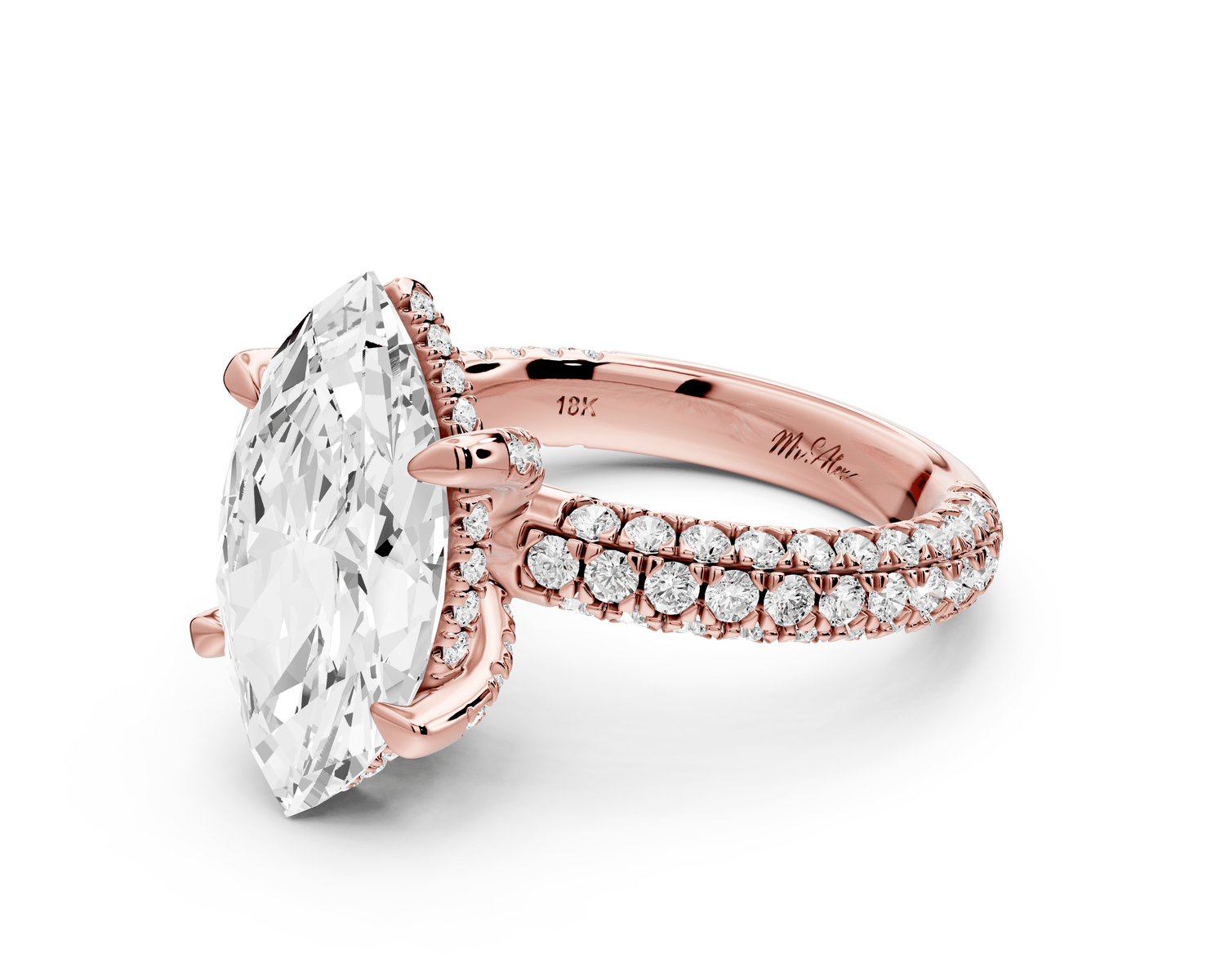 Emilia - 4ct 18k rose gold marquise Hidden Halo Diamond Crown Rollover Pavé Engagement Ring - Mr. Alex Jewelry