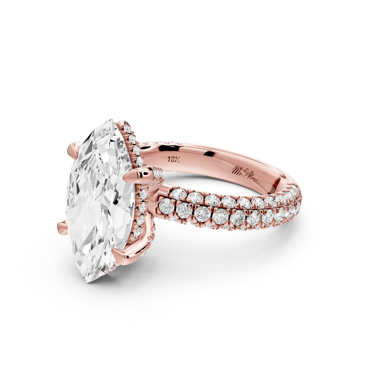 Emilia - 4ct 18k rose gold marquise Hidden Halo Diamond Crown Rollover Pavé Engagement Ring - Mr. Alex Jewelry