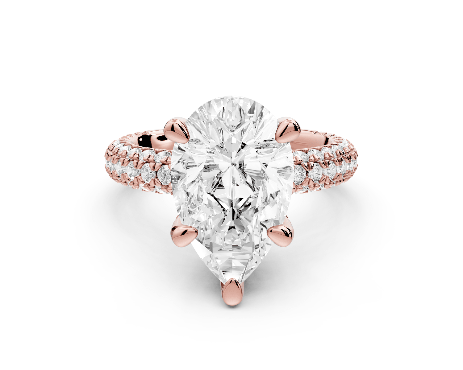 Emilia - 4ct 18k rose gold pear Hidden Halo Diamond Crown Rollover Pavé Engagement Ring - Mr. Alex Jewelry
