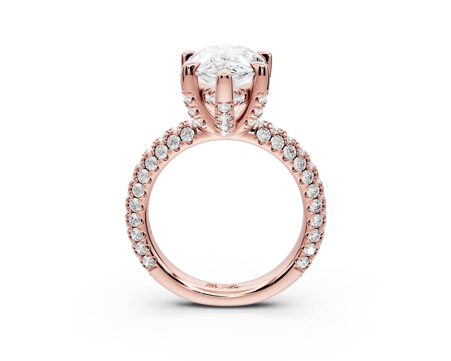 Emilia - 4ct 18k rose gold pear Hidden Halo Diamond Crown Rollover Pavé Engagement Ring - Mr. Alex Jewelry