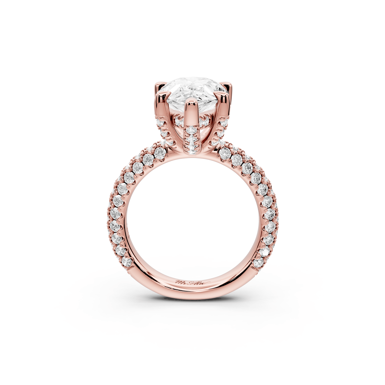 Emilia - 4ct 18k rose gold pear Hidden Halo Diamond Crown Rollover Pavé Engagement Ring - Mr. Alex Jewelry