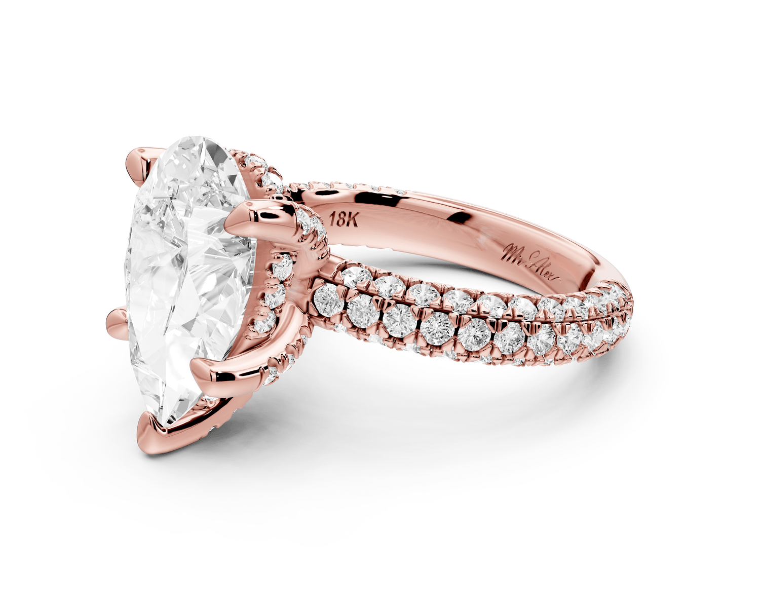 Emilia - 4ct 18k rose gold pear Hidden Halo Diamond Crown Rollover Pavé Engagement Ring - Mr. Alex Jewelry