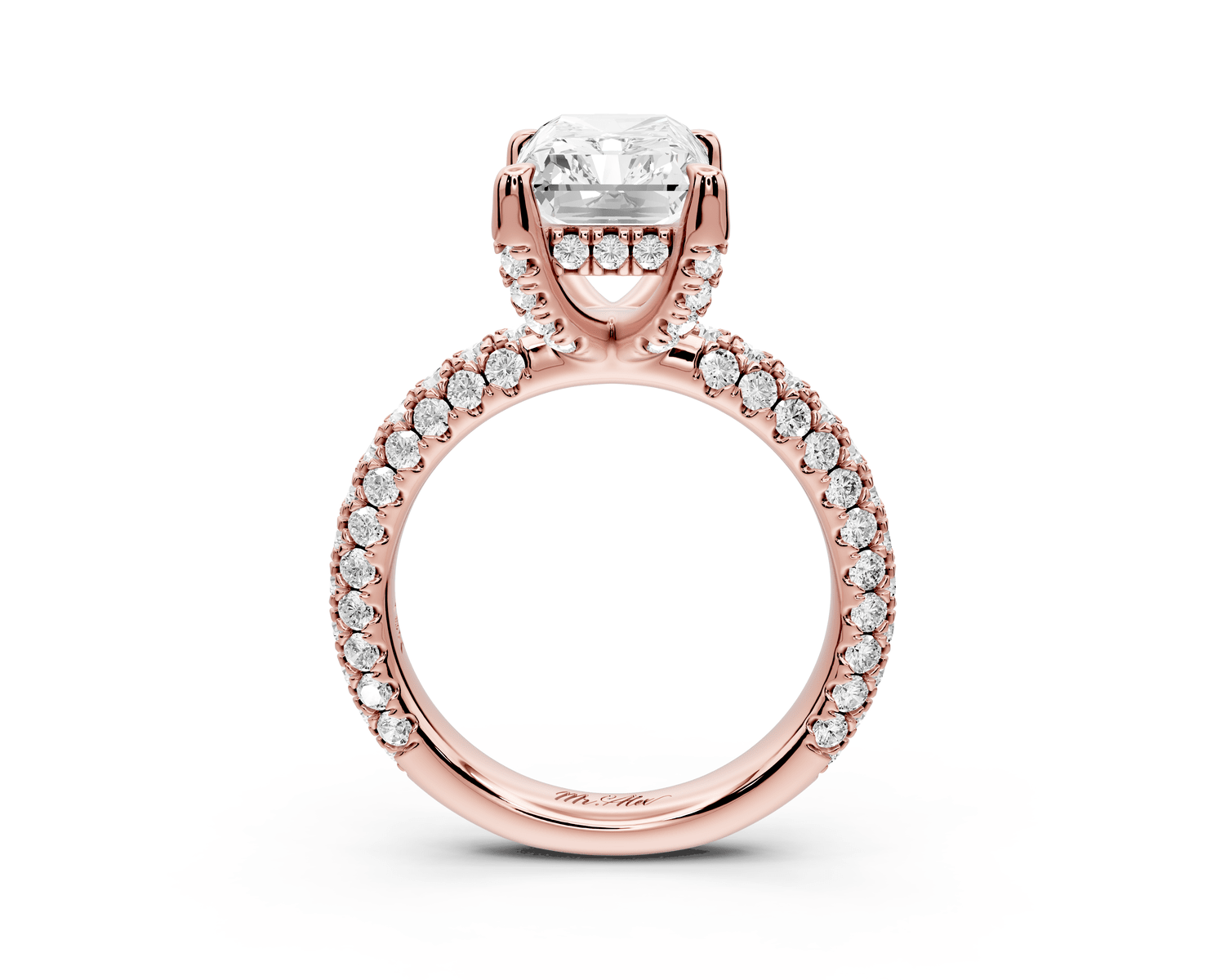Emilia - 4ct 18k rose gold radiant Hidden Halo Diamond Crown Rollover Pavé Engagement Ring - Mr. Alex Jewelry
