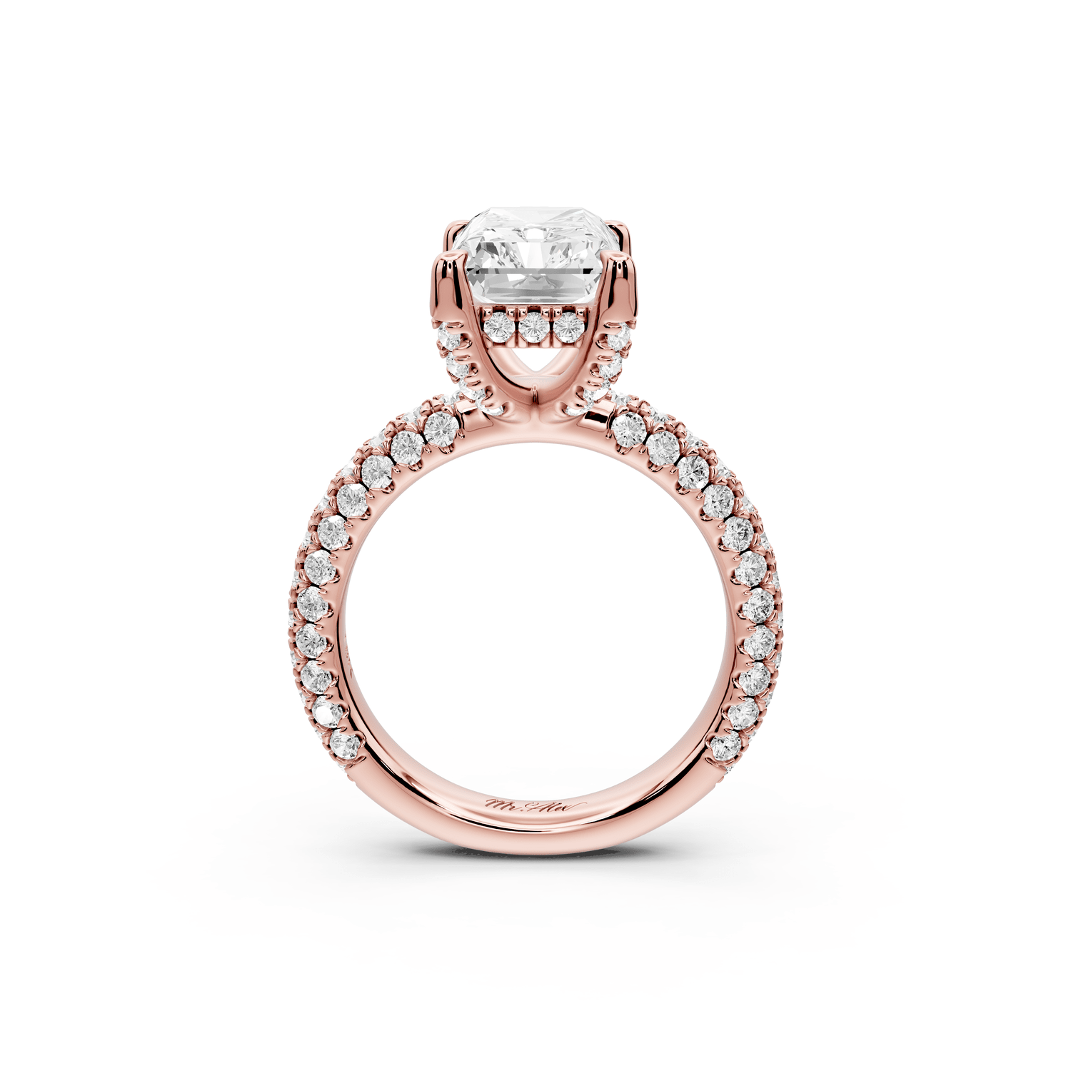 Emilia - 4ct 18k rose gold radiant Hidden Halo Diamond Crown Rollover Pavé Engagement Ring - Mr. Alex Jewelry