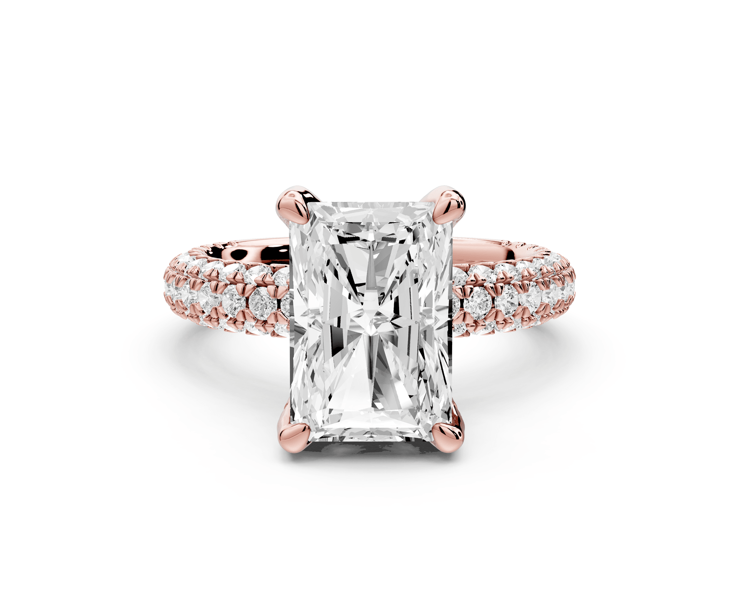 Emilia - 4ct 18k rose gold radiant Hidden Halo Diamond Crown Rollover Pavé Engagement Ring - Mr. Alex Jewelry