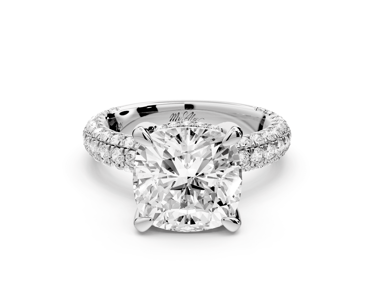Emilia - 4ct 18k white gold cushion Hidden Halo Diamond Crown Rollover Pavé Engagement Ring - Mr. Alex Jewelry