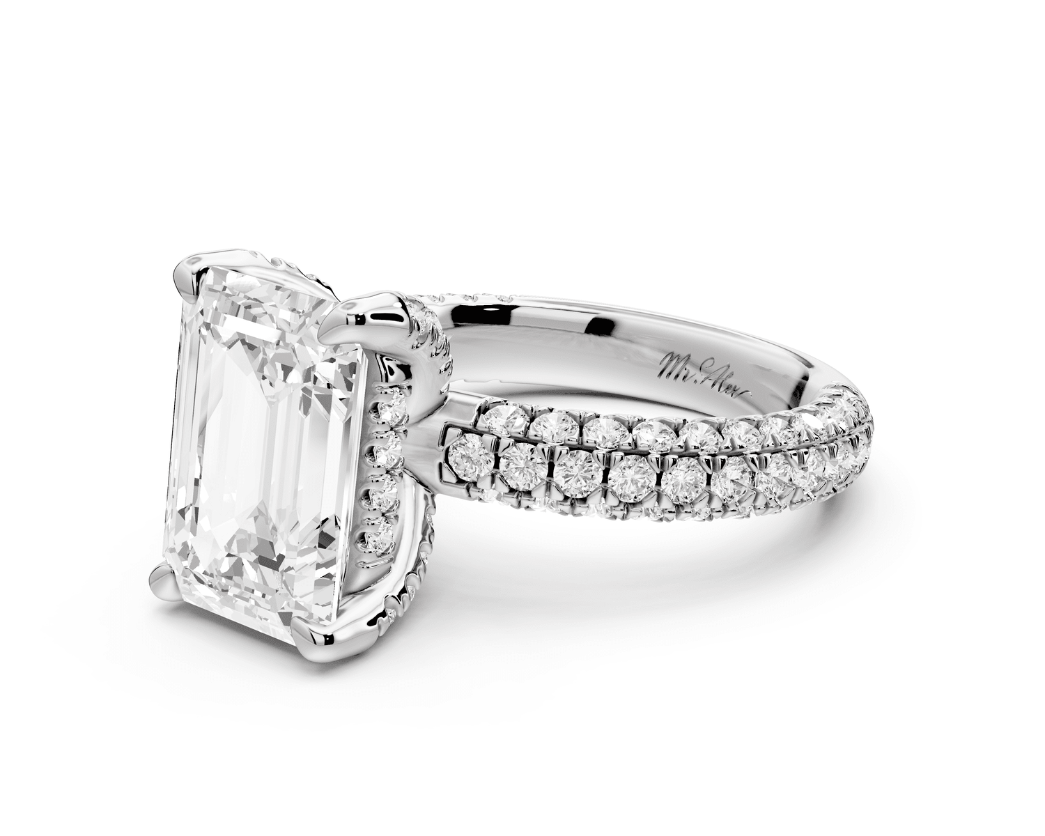 Emilia - 4ct 18k white gold emerald Hidden Halo Diamond Crown Rollover Pavé Engagement Ring - Mr. Alex Jewelry