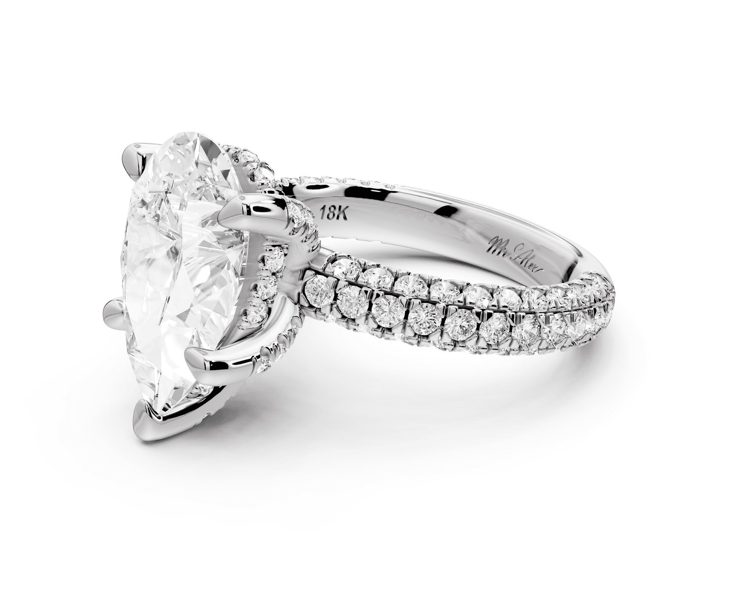 Emilia - 4ct 18k white gold pear Hidden Halo Diamond Crown Rollover Pavé Engagement Ring - Mr. Alex Jewelry