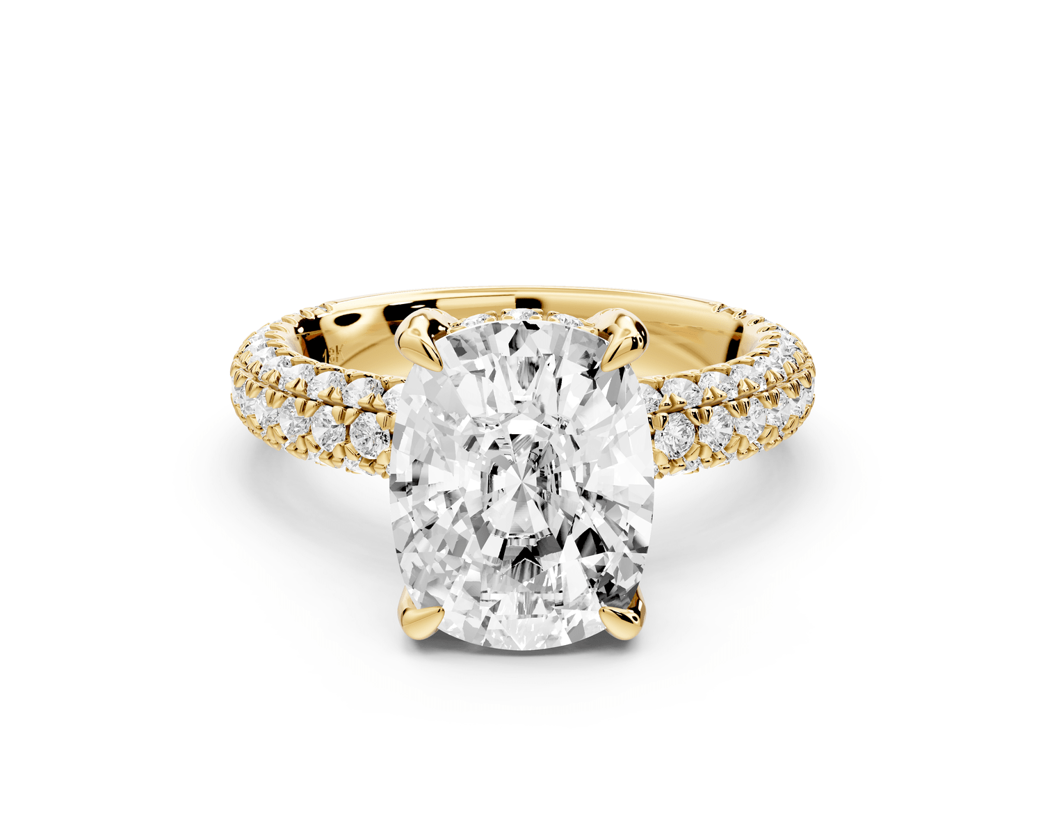 Emilia - 4ct 18k yellow gold ecushion Hidden Halo Diamond Crown Rollover Pavé Engagement Ring - Mr. Alex Jewelry