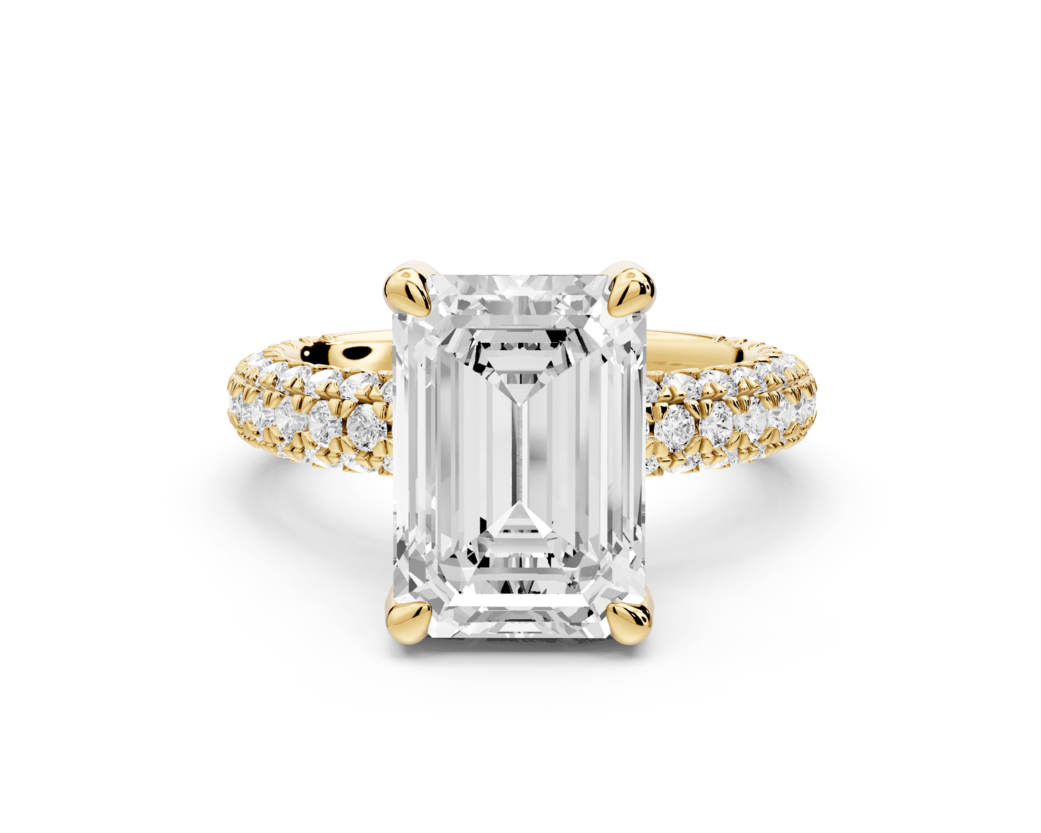 Emilia - 4ct 18k yellow gold emerald Hidden Halo Diamond Crown Rollover Pavé Engagement Ring - Mr. Alex Jewelry