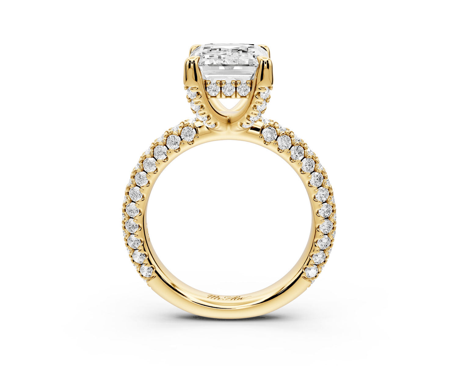 Emilia - 4ct 18k yellow gold emerald Hidden Halo Diamond Crown Rollover Pavé Engagement Ring - Mr. Alex Jewelry