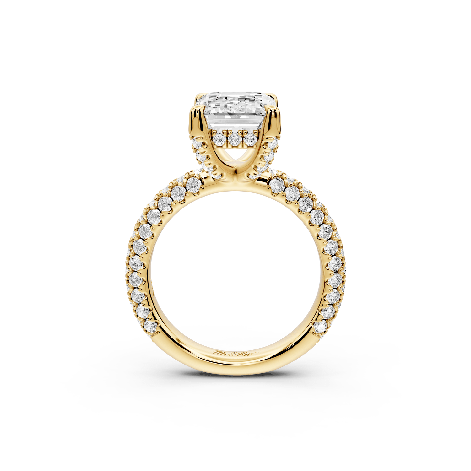 Emilia - 4ct 18k yellow gold emerald Hidden Halo Diamond Crown Rollover Pavé Engagement Ring - Mr. Alex Jewelry