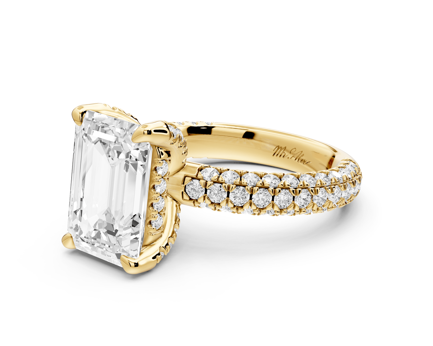 Emilia - 4ct 18k yellow gold emerald Hidden Halo Diamond Crown Rollover Pavé Engagement Ring - Mr. Alex Jewelry