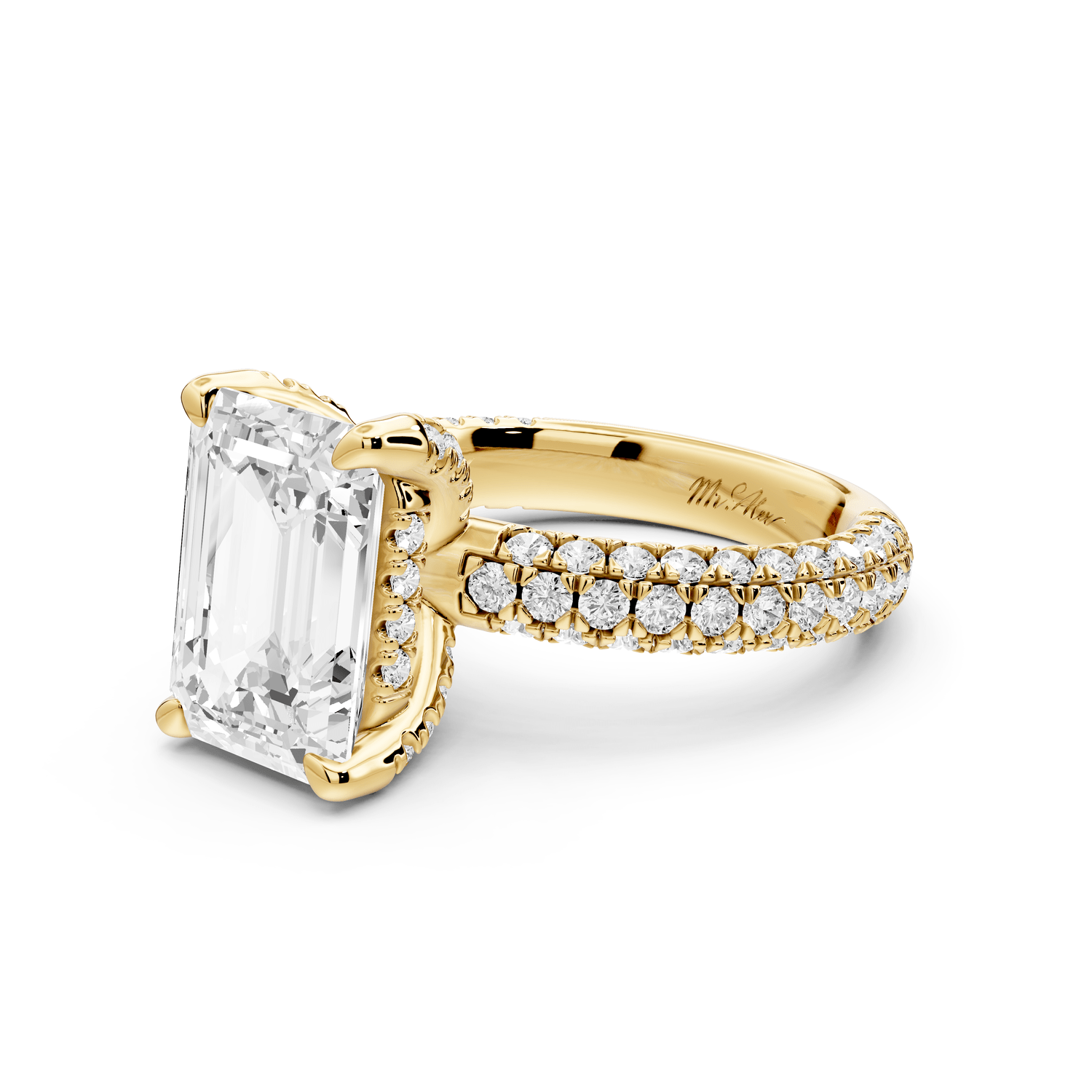 Emilia - 4ct 18k yellow gold emerald Hidden Halo Diamond Crown Rollover Pavé Engagement Ring - Mr. Alex Jewelry