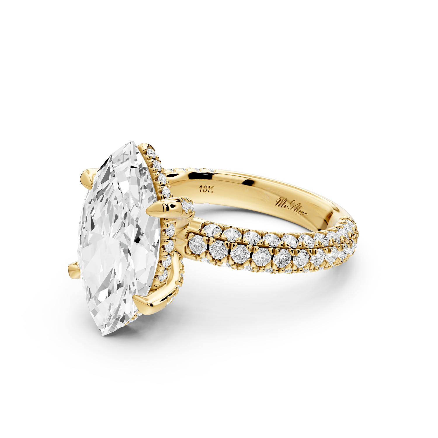 Emilia - 4ct 18k yellow gold marquise Hidden Halo Diamond Crown Rollover Pavé Engagement Ring - Mr. Alex Jewelry