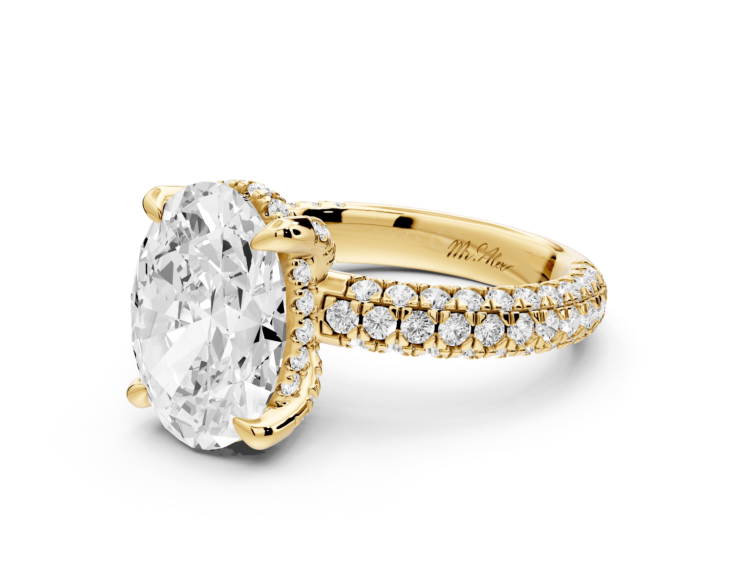 Emilia - 4ct 18k yellow gold oval Hidden Halo Diamond Crown Rollover Pavé Engagement Ring - Mr. Alex Jewelry