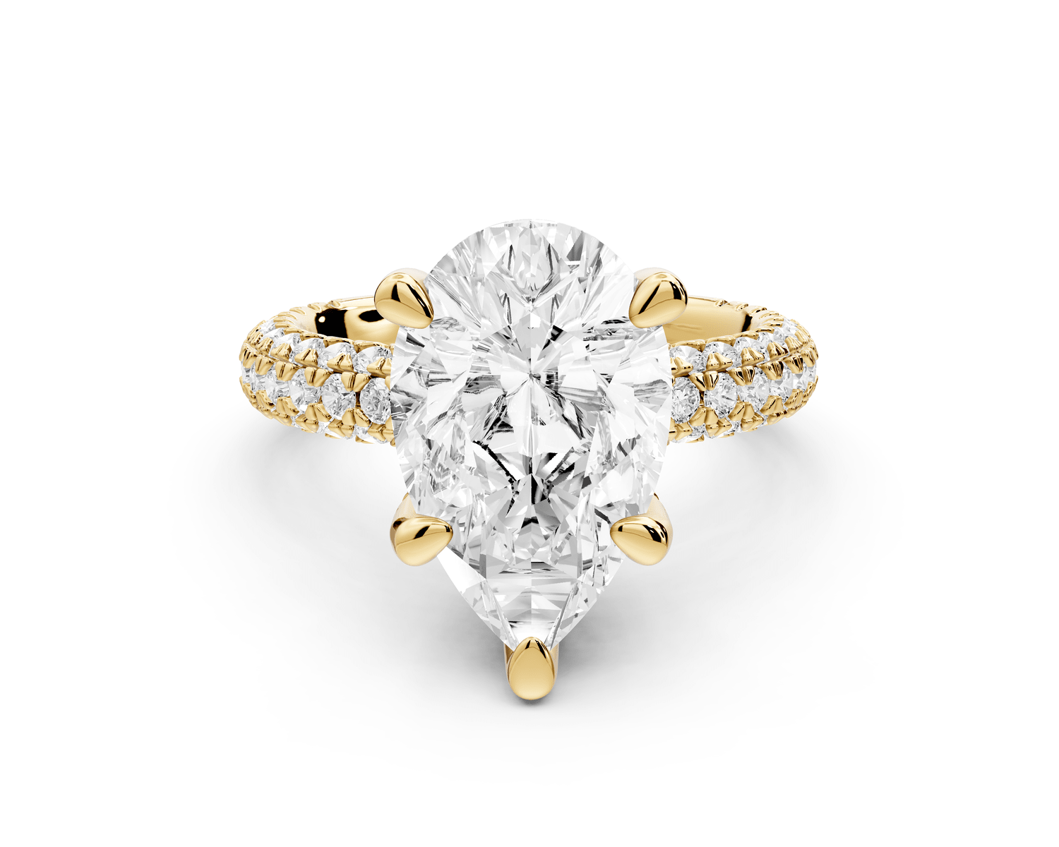 Emilia - 4ct 18k yellow gold pear Hidden Halo Diamond Crown Rollover Pavé Engagement Ring - Mr. Alex Jewelry
