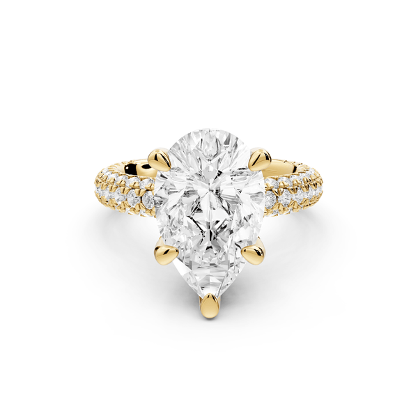 Emilia - 4ct 18k yellow gold pear Hidden Halo Diamond Crown Rollover Pavé Engagement Ring - Mr. Alex Jewelry