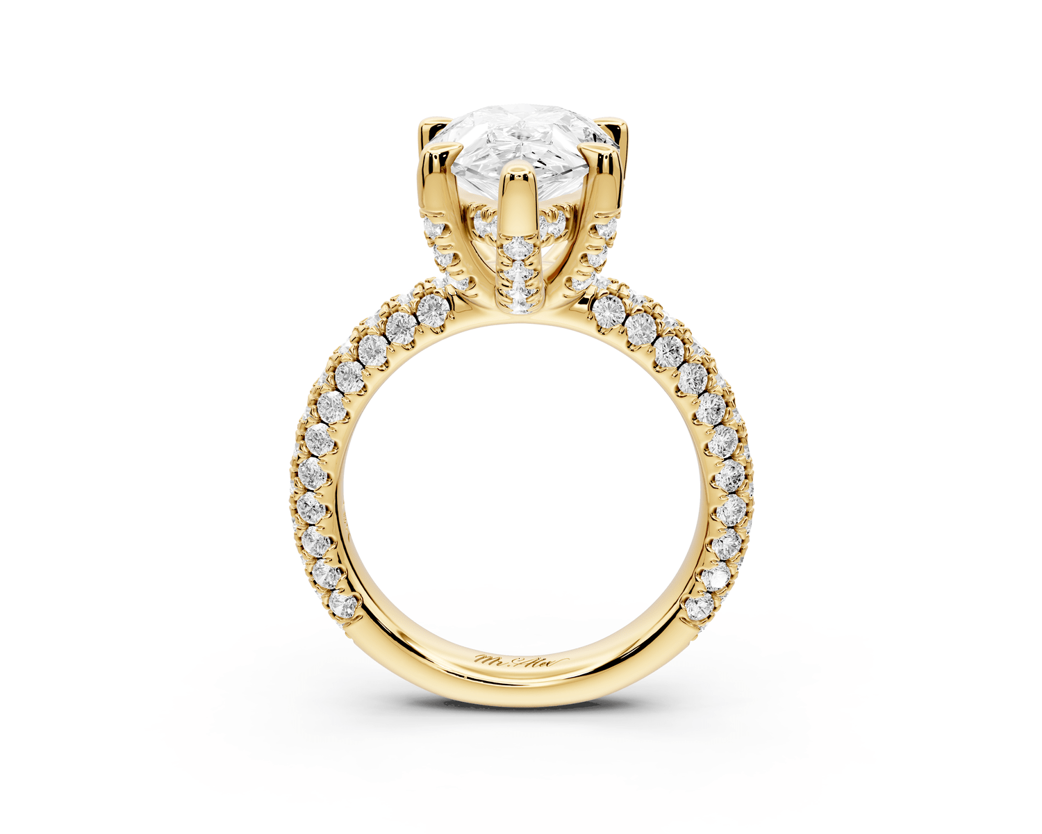Emilia - 4ct 18k yellow gold pear Hidden Halo Diamond Crown Rollover Pavé Engagement Ring - Mr. Alex Jewelry