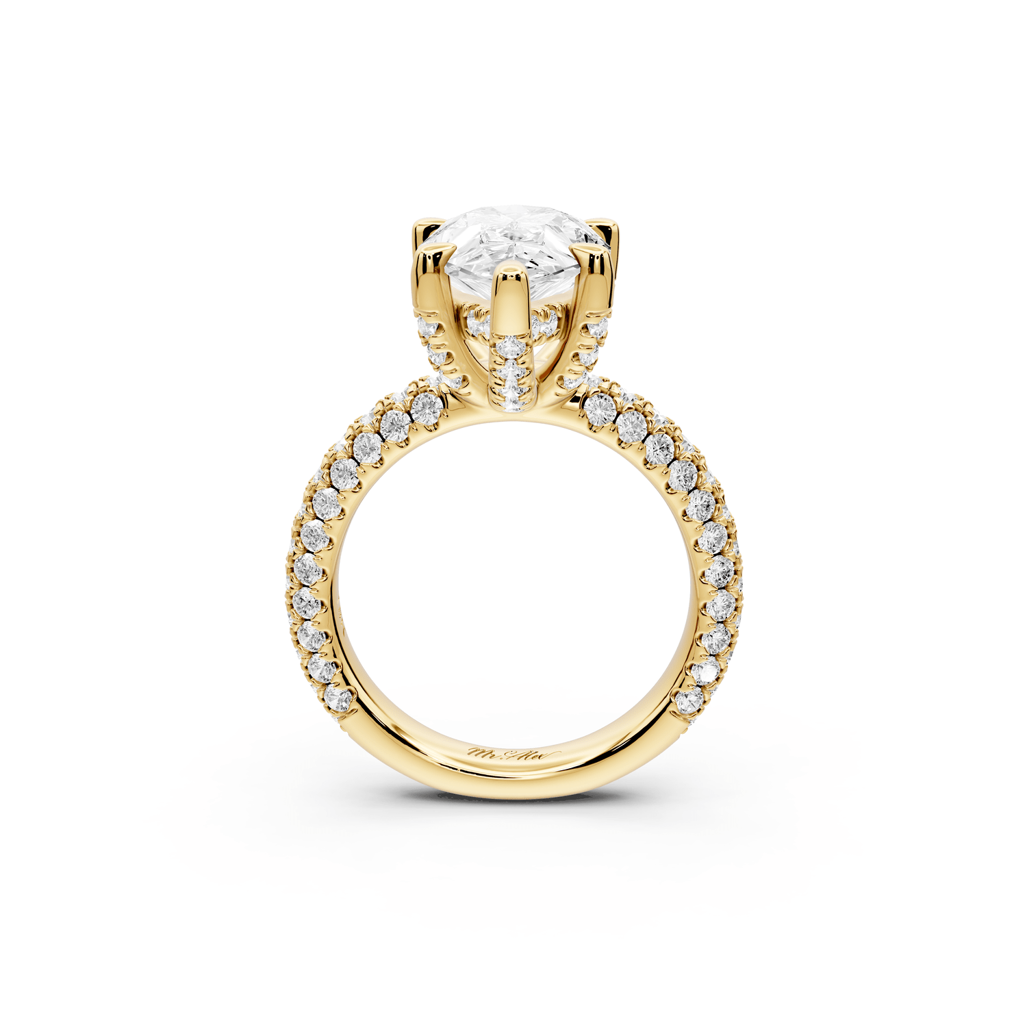Emilia - 4ct 18k yellow gold pear Hidden Halo Diamond Crown Rollover Pavé Engagement Ring - Mr. Alex Jewelry
