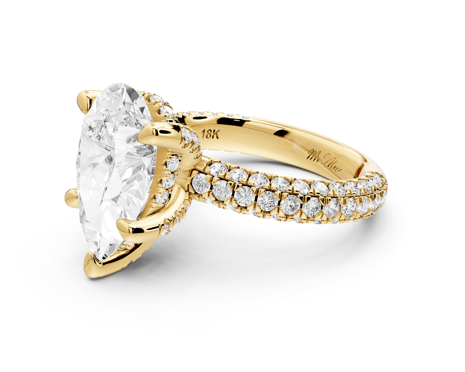 Emilia - 4ct 18k yellow gold pear Hidden Halo Diamond Crown Rollover Pavé Engagement Ring - Mr. Alex Jewelry