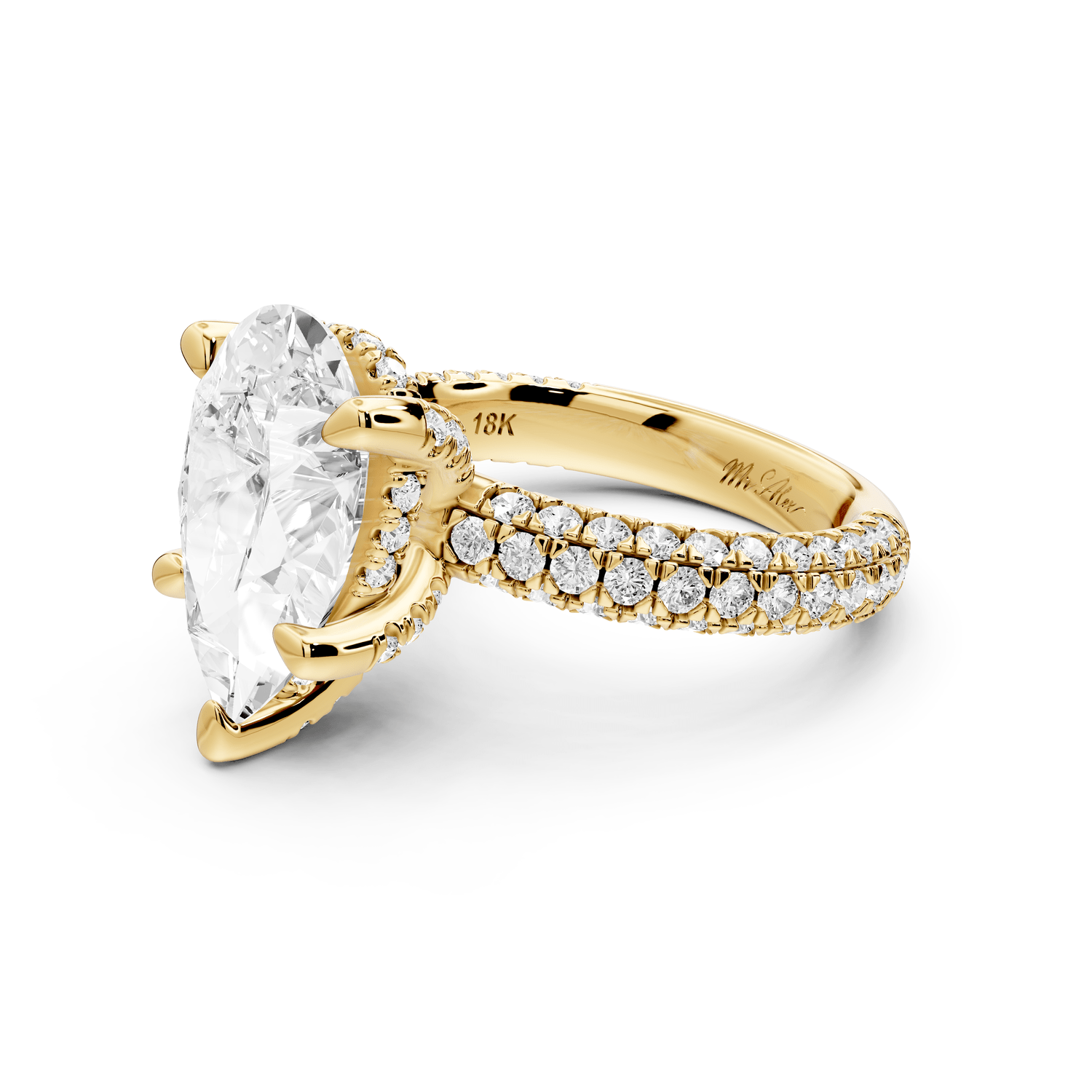 Emilia - 4ct 18k yellow gold pear Hidden Halo Diamond Crown Rollover Pavé Engagement Ring - Mr. Alex Jewelry