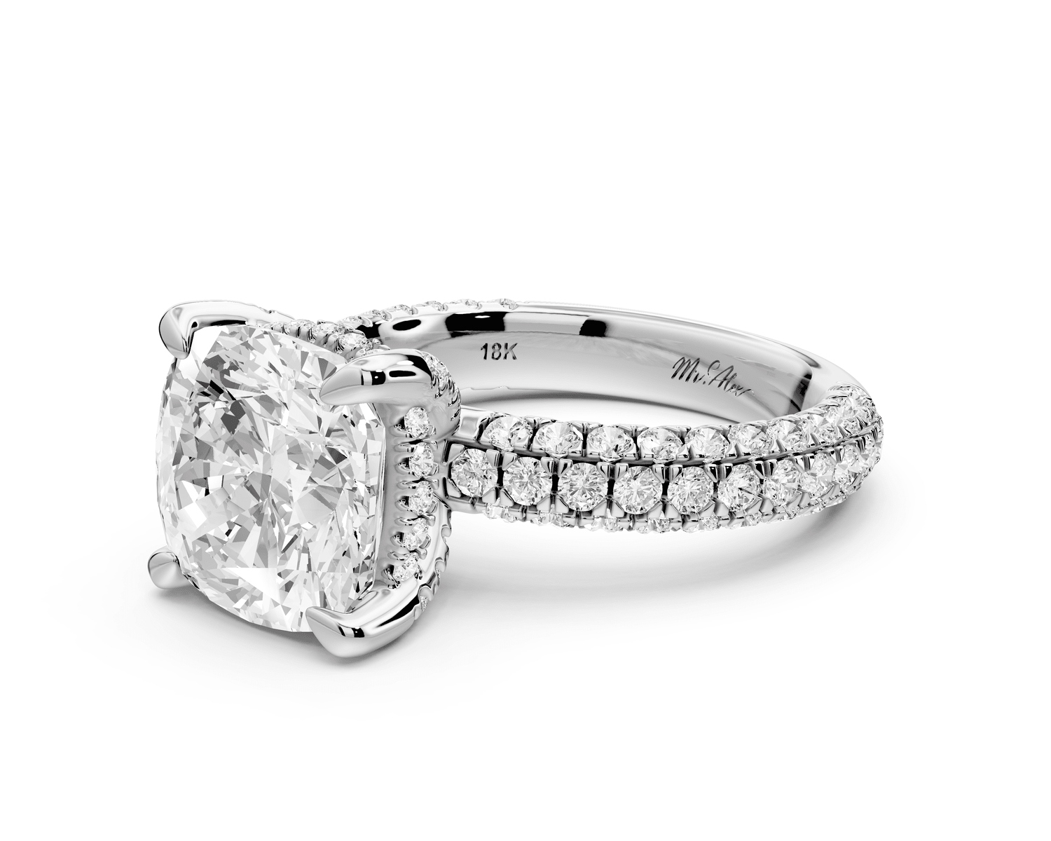 Emilia - 4ct platinum cushion Hidden Halo Diamond Crown Rollover Pavé Engagement Ring - Mr. Alex Jewelry