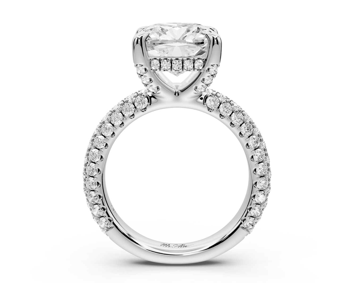 Emilia - 4ct platinum cushion Hidden Halo Diamond Crown Rollover Pavé Engagement Ring - Mr. Alex Jewelry